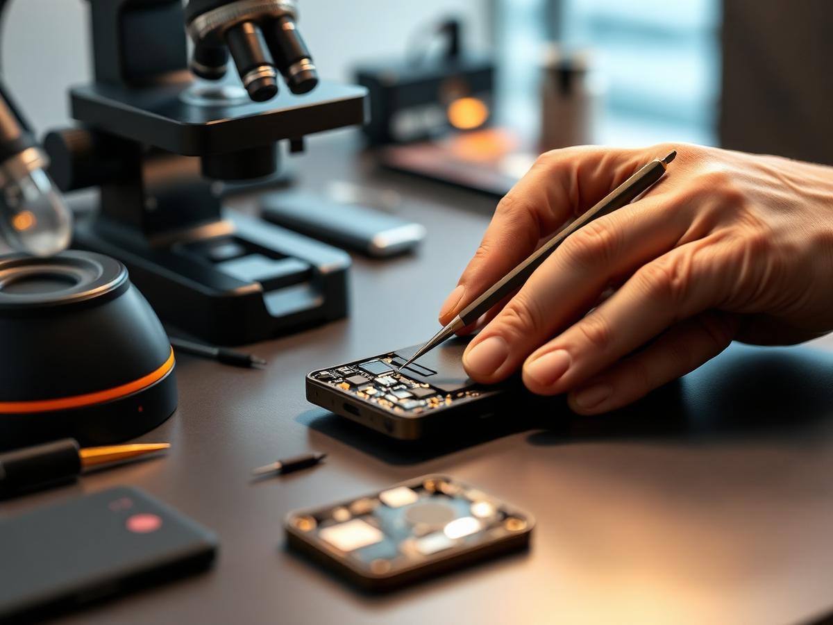 Technician performing a micro-soldering repair on a smartphone